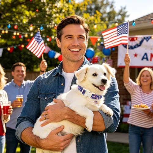 American Flag Dog Collar, 4th of July Cotton Patriotic Pet Collar, Adjustable Durable Quick Release Buckle with Charm for Small Medium Large Dogs