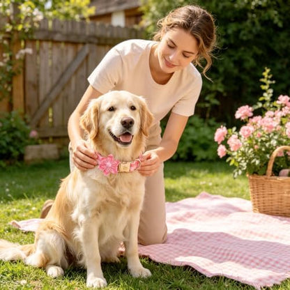 Elegant little tail Dog Collar with Flower, Pink Gingham Flower Girl Pet Collars for Female Dogs Plaid Pet Adjustable Puppy Collars with Flowers for Small Medium Large Dogs