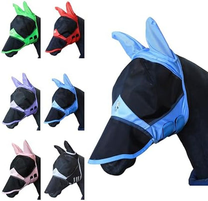 T TEKE Fine Mesh Horse Fly Mask w/Ears & Nose, UV Blocking 3D Eye Visor with Extra Fleece Cushioned Forehead, Protection from Insect Pests