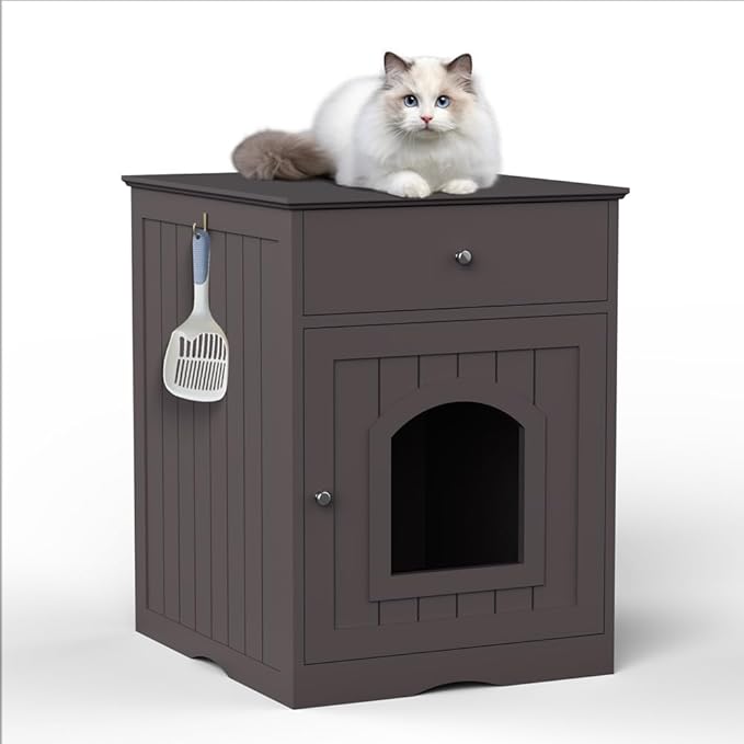 Large Wood House for Cats Litter Box Enclosure Furniture Hidde Out Box with Cabinet Drawer Indoor Pet House Side Table Wooden Crate (Brown)