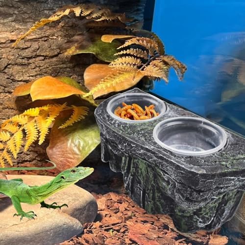 PINVNBY Reptile Feeding Ledge with Suction Cups,Crested Gecko Feeder Ledges with 2 Pcs Water & Food Bowls Double Lizard Dish Bearded Dragon Tank Accessories for Geckos Chameleon Spider Snake