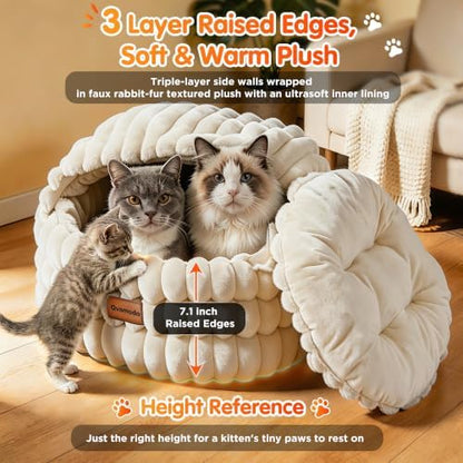 Cat Cave Bed for Indoor Cats Covered 2 in 1 Pet Burrow Beds (Beige)