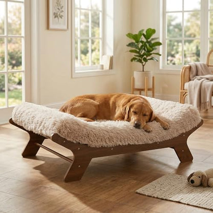 Muihood Elevated Wood Dog Bed Frame with Foam Mattress, WalnutPattern, XL
