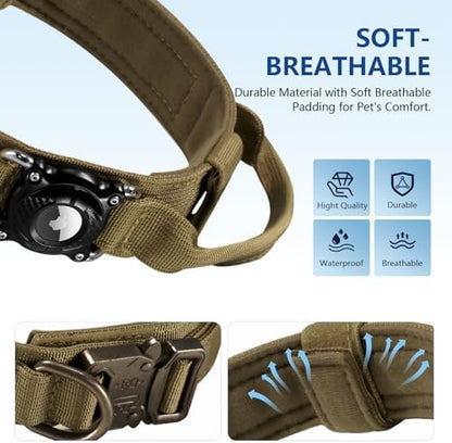 2026 Upgrade Military Tactical Dog Collar with Waterproof AirTag Holder - Heavy Duty Nylon GPS Tracking Collar with Control Handle & Metal Buckle for Medium Large Dogs (Khaki, L)