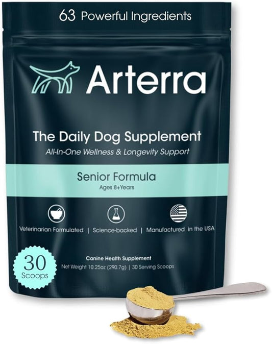 Senior Dog Powder Supplement & Food Topper – 63 Ingredients for Joint, Gut, Immune & Brain Health – Daily Longevity Multivitamin with Glucosamine, Probiotics, and Fish Oil | 30 Scoops