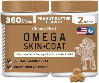 Omega 3 Fish Oil for Dogs, Peanut Butter - 360 Soft Chews for Skin and Coat