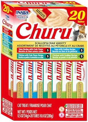 INABA Churu Cat Treats, Lickable, Squeezable Creamy Purée Cat Treat with Green Tea Extract & Taurine, 0.5oz. Each Tube, 20 Tubes, Scallop & Crab Variety