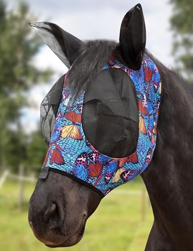 Harrison Howard Stretch Fly Mask with Forelock Opening and Patterns Comfortable Breathable Snug Fitting Horse Fly Mask Butterfly L