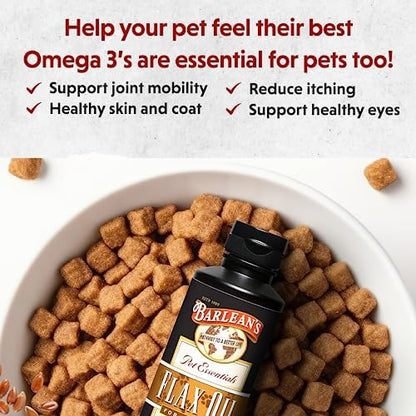 Barlean's Flaxseed Oil for Animals, Pet Essential Liquid Omega 3 Fatty Acids Cat and Dog Oil Supplements for Skin and Coat, Omega 3 for Dogs, Cats and Other Pets, 12 oz