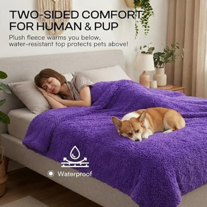 Waterproof Purple Dog Blanket for Couches Beds Covers Reversible Calming Pet Blankets for Large Dogs Puppy Cats Leakproof Sofa Couch Washable Cover Cat Fluffy Fleece Pet Cover for Warm-XL-85x57in