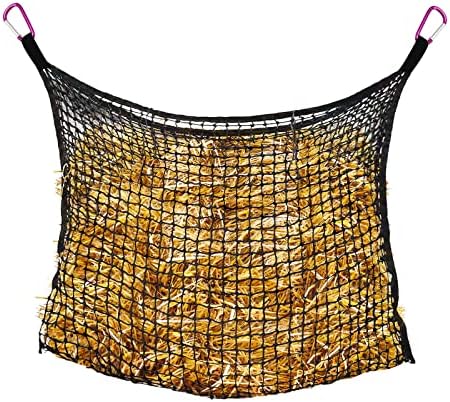 Bloomoak Knotless Slow Feed Hay Net with 4 Carabiner Clips for Horses/Open Top Hanging Hay Bag with Large Capacity for Full Day Feeding/Trailer (1.75" Hole for Slow Feed, M 35 * 31")…