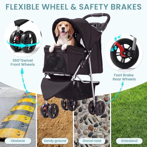 Pet Stroller for Small Medium Cats Dogs, 3-Wheel, One-Click Foldable