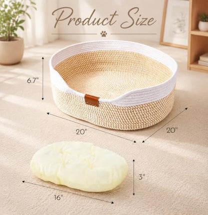 Cat Basket with Cushion, 20 Inch Cotton Rope Pet Sleeping Bed