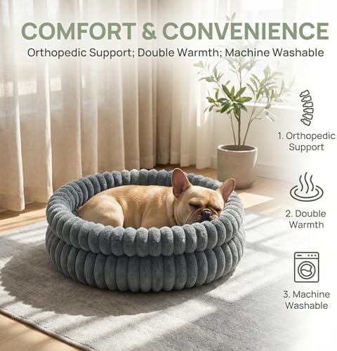 Calming Dog Beds for Small Dogs, Faux Rabbit Fur Round Anti-Anxiety Pet Bed for Kittens & Puppies, Fluffy Puppy Bed with Washable Cushion & Detachable Cover, 24"