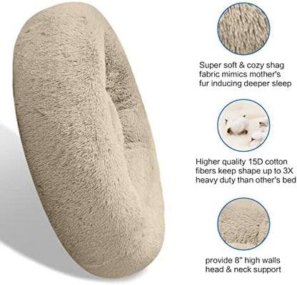 SAVFOX 20 inches Calming Donut Dog Bed - 3X Durable Plush Faux Fur, Machine Washable & Non-Slip, Fits up to 15 lbs, Beige