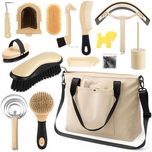 Abbylike 15 Pieces Horse Grooming Kit with Organizer Tote Bag Tack Room Supplies Horse Brush Sets Care Equine Cleaning Kit Shedding Grooming Massaging Tools (Beige)