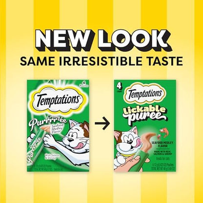Temptations Creamy Puree Lickable Cat Treats, Seafood Medley, 4 Count, 11pk