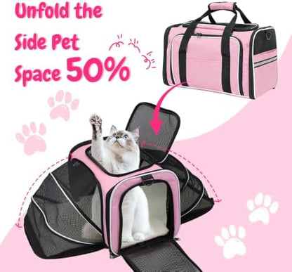 Double Expandable Cat Carrier,Airline Approved Soft-Sided Pet Travel Carrier for Small Dogs Cats under 15 lbs,Waterproof 600D Oxford Fabric with Washable Replacement Liner,Odor-Free & Claw-Proof(Pink)