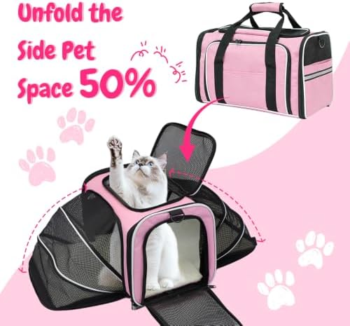 Double Expandable Cat Carrier,Airline Approved Soft-Sided Pet Travel Carrier for Small Dogs Cats under 15 lbs,Waterproof 600D Oxford Fabric with Washable Replacement Liner,Odor-Free & Claw-Proof(Pink)