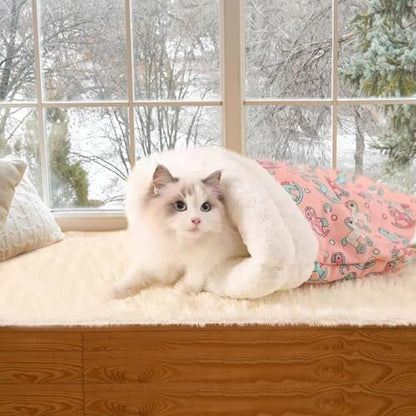 New Sleeping Bag for Cats, Cozy Self Warming Cat Sleeping Bag for Indoor Cats, 360° Wrap Cat Hideaways Pet Snuggle Sack for Sleeping Relax Play (Pink)
