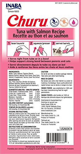 INABA Churu Cat Treats, Grain-Free, Lickable, Squeezable Creamy Purée Cat Treat/Topper with Vitamin E & Taurine, 0.5 Ounces Each Tube, 48 Tubes (4 per Pack), Tuna with Salmon Recipe
