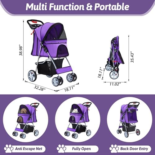 Foldable Pet Stroller 4 Wheels for Small Medium Dogs Cats,Purple