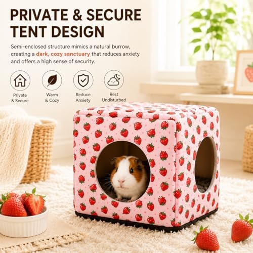 Guinea Pig Hideout House with Removable Cushion, Washable Small Animal Cube Bed, Cozy Bunny Hideaway for Guinea Pigs, Chinchillas, Hedgehogs, Hamsters & Dwarf Rabbits