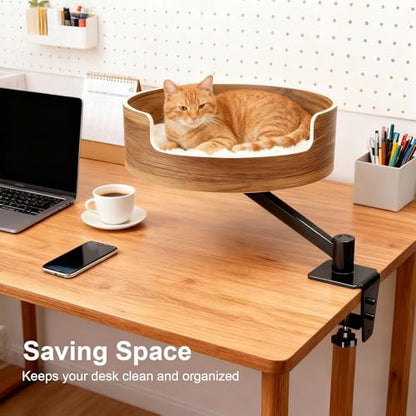 Desk Cat Bed, Elevated Cat Bed for Desk, Space-Saving Cat Hammock for Home Office, Stable & Comfortable Perch for Indoor Cats，Walnut Wood Finish