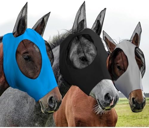 Weewooday 3 Pcs Horse Fly Mask with Ears, L, Black, Gray, Blue