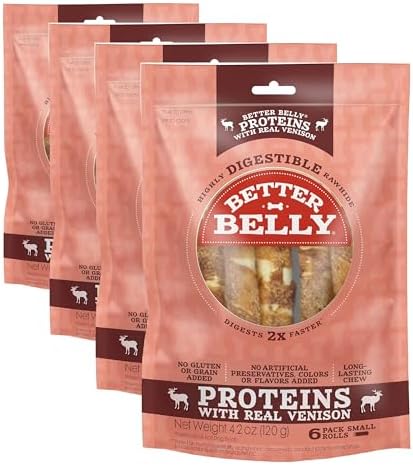 Better Belly Proteins with Real Venison Small Rolls 6 Count, Digestible Rawhide for Dogs, 4.2 OZ (Pack of 4)