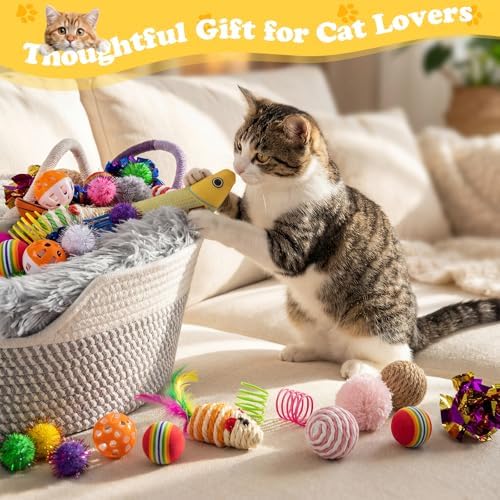 Leitee 40 Pcs Cat Toys with Cat Bed Storage Basket, White,Grey