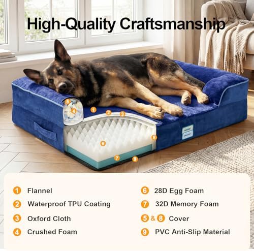 OhGeni Orthopedic Extra Large Dog Bed Couch, Memory Foam, 44-inch (Blue)
