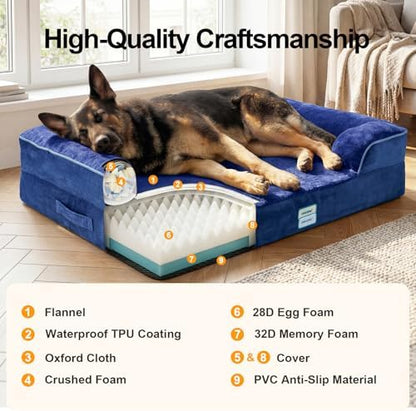 OhGeni Orthopedic Extra Large Dog Bed Couch, Memory Foam, 44-inch (Blue)