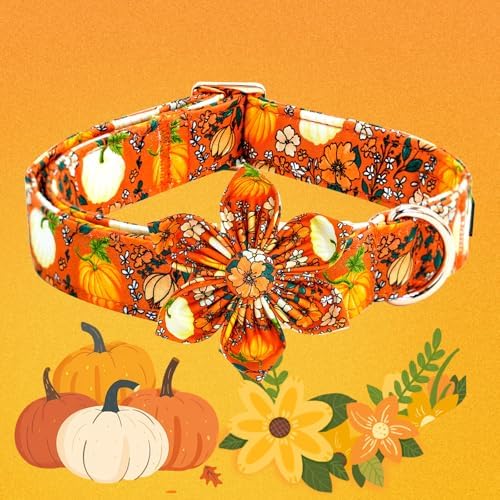 Elegant little tail Fall Dog Collar, Halloween Pet Collars with Flower Cute Pumpkin Print Puppy Collar Female or Male Cotton Adjustable Collars for Small Medium Large Dogs