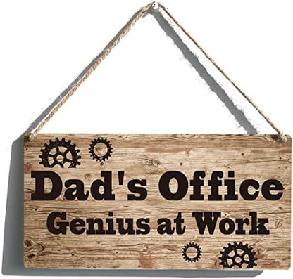 Dad Sign Gift Farmhouse Dad's Office Genius At Work Wooden Hanging Sign Plaque Retro Wall Art Decor Home Decoration 12 x 6 Inches