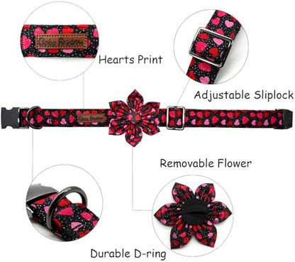 Dog Collar - Valentine's Pet Collar with Flower for Dogs Heart Print Flower Adjustable Puppy Collar Girl Pet Gift Collars for Medium Small Large Dogs