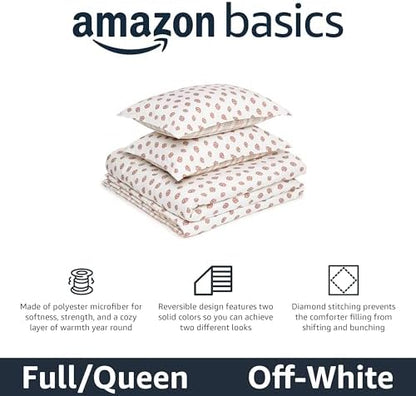 Amazon Basics Lightweight Microfiber Comforter Set, 3-Piece, Full/Queen, Off White Floral