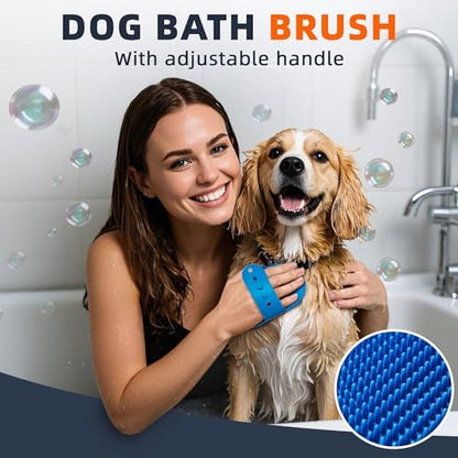 4PCS Dog Bath Brush | Scrubber for Bath | Shampoo Brush | Toothbrush | Finger Toothbrush | Dog Shower/Washing Brush with Adjustable Ring Handle - Pet Bath Supplies (Blue Yellow)