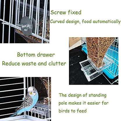 kathson No-Mess Bird Feeder Parrot Integrated Automatic Feeder Seed Food Container Acrylic Finch Foraging Feeders with Perch Cage Accessories for Small Birds Parakeet Canary Cockatiel Lovebirds