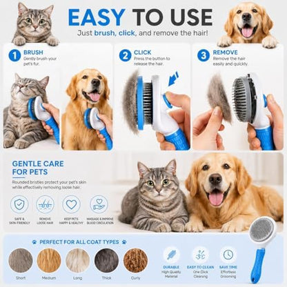 Pet Grooming Deshedding Brush, Self-Cleaning Massaging Brush for Dogs and Cats, Short and Long Hair (Blue)