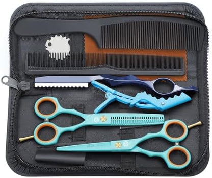 Purple Dragon 5.5 inch Hair Cutting Scissors Set with Razor - Blue