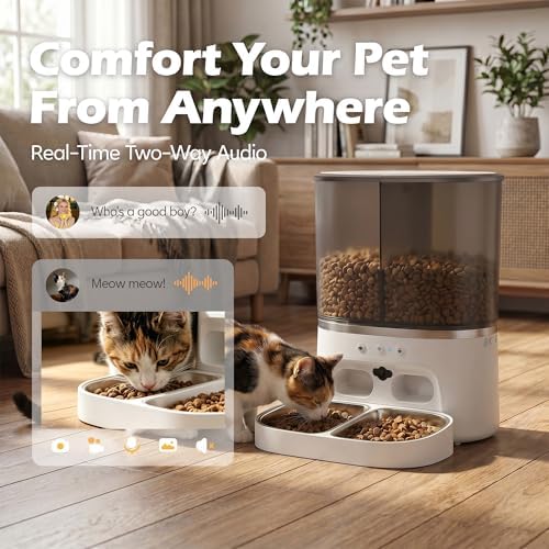 Automatic Cat Feeder with Camera, Automatic Dog Feeder Dry Food, 8L Dual Hopper Auto Cat Food Dispenser, 1080P HD Video with Night Vision/2-Way Audio/APP, 5G WiFi Pet Feeder with Low Food Tray-White