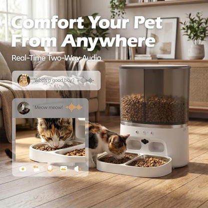 Automatic Cat Feeder with Camera, Automatic Dog Feeder Dry Food, 8L Dual Hopper Auto Cat Food Dispenser, 1080P HD Video with Night Vision/2-Way Audio/APP, 5G WiFi Pet Feeder with Low Food Tray-White