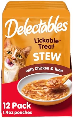 Delectables Lickable Treat Stew Wet Cat Treat with Real Chicken & Tuna, Food Topper, Hydrating, Grain-Free, No Fillers, No By-Products, No Added Preservatives, 1.4oz Pouch, 12ct