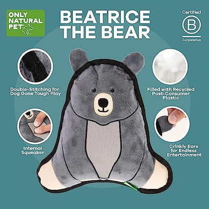 Only Natural Pet Mountain Friends Recycled Plush Dog Toys - Durable Double-Stitched Design with Internal Squeaker & Crinkly Ears - Stuffed Toy for Dogs, Squeaky Pet Toy | Beatrice the Bear, 9" x 9.5"