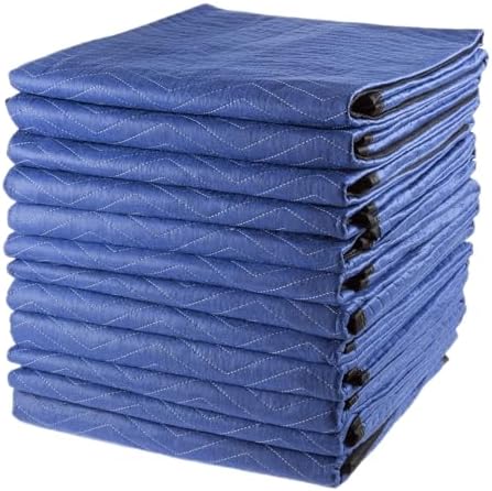 Moving Blankets - Set of 12 Dual-layer Padded Blankets - 80x73-Inch Oversized Quilts for Storage, Shipping, and Sound Deadening by Stalwart (Blue)