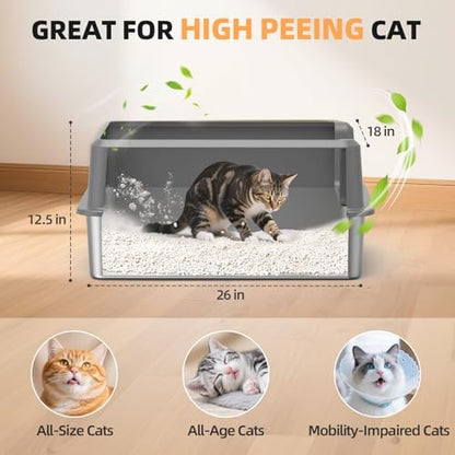 Stainless Steel Cat Litter Box, XXL High Sided Open Top Litter Pan, 1 Scoop