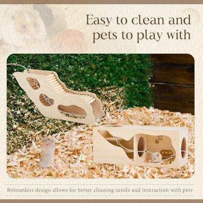 Seenelling 2 Pcs Hamster Hideout Set, Wood Climbing Ladder House and Tunnel