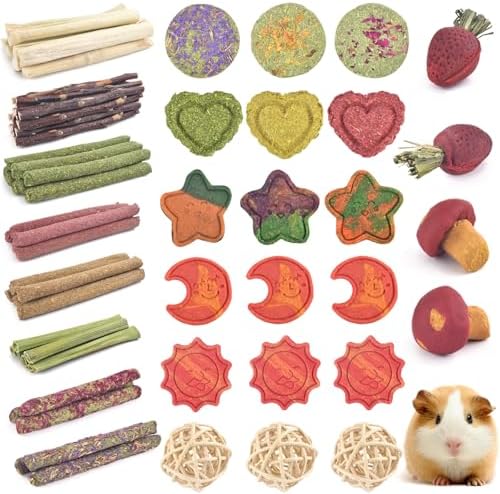 ERKOON 80PCS Bunny Chew Toys for Rabbits Teeth, Natural Rabbit Toys Apple Wood Sticks, Carrot, Timothy Grass Treats for Small Pets, Hamster, Chinchilla, Guinea Pig Dental Care and Treat Teething Toys