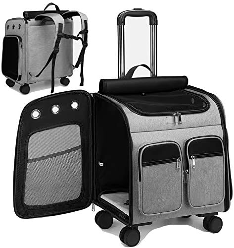 Wheeled Pet Carrier Backpack Pet Stroller, Travel Carrier, Car Seat for Small Dogs Cats Puppies, Comfort Cat Backpack Removable Rolling Wheels – Mesh Ventilation Windows (Large Grey)